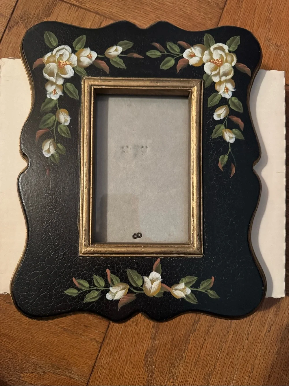 Hand-Painted Black Floral Picture Frame with Gold Inner Trim